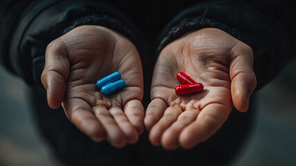 Hands holding red and blue capsules, Alzheimer's medication concept
