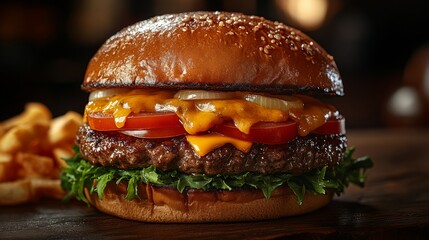 Delicious cheeseburger with lettuce, tomato, onions and melted cheddar cheese resting on a wooden table