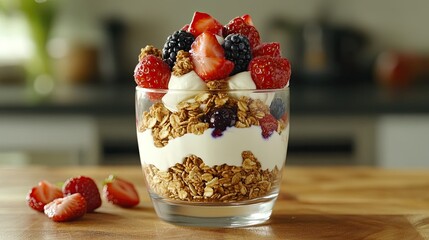 A parfait layered with yogurt, granola, and fresh berries, creating a healthy yet delicious dessert or snack