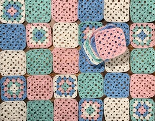 Crochet granny squares samples multicolor different colors photo handmade craft hobby 