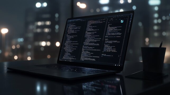 High-tech laptop displaying complex code snippets, web development tools, programmer&rsquo;s workspace.