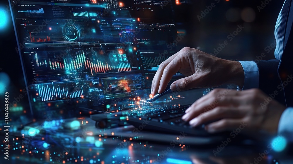 Poster hands on laptop with data visualization background