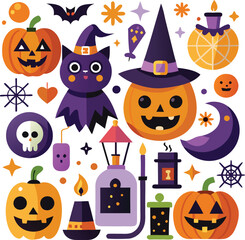 Halloween Festive Icons with Pumpkins, Bats, and Stars