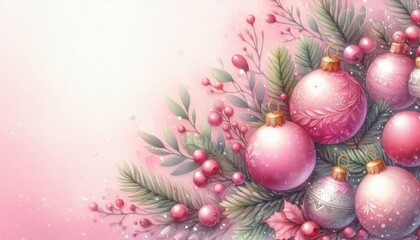 Fototapeta premium Weihnachtskugeln in Transcendent Pink, arrangiert mit Tannenzweigen, Schleifen, Blüten und Sternen, vor einem zarten pastellfarbenen Hintergrund. Festliche Weihnachtsdekoration. Generative KI
