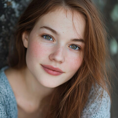 Portr&auml;t einer attraktiven jungen Influencerin im modernen Stil. Nat&uuml;rliches Make-up, ausdrucksstarkes Profil und stilvolle Ausstrahlung. Zeitgem&auml;&szlig;e Social-Media-&Auml;sthetik