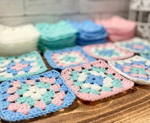 Crochet granny squares samples multicolor different colors photo handmade craft hobby 