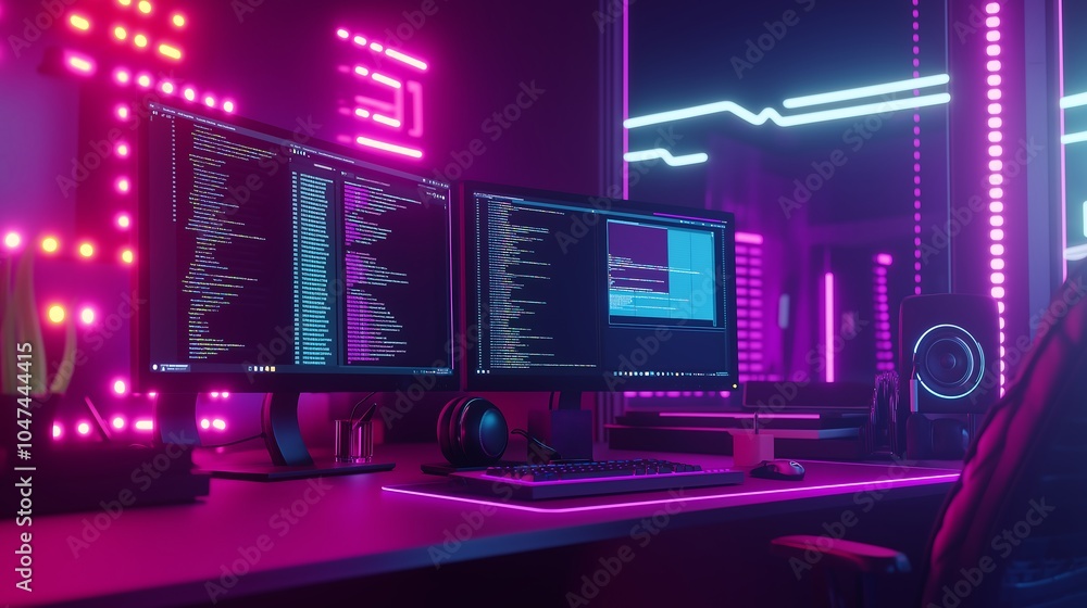 Poster neon-lit workspace with dual monitors showing responsive web design, coding environment, modern deve