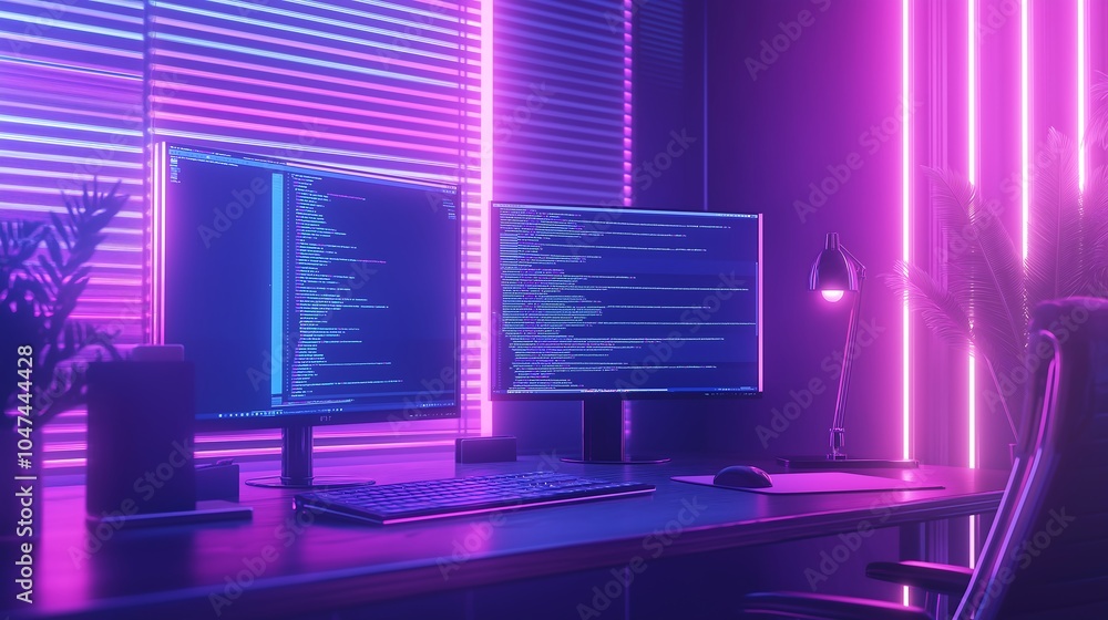 Poster neon-lit workspace with dual monitors showing responsive web design, coding environment, modern deve
