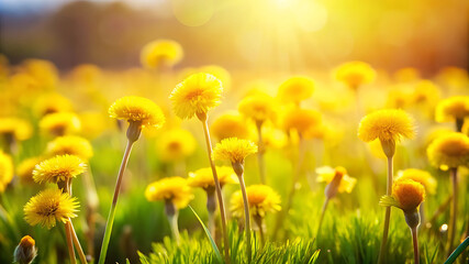 Fototapeta premium Adorable little yellow wildflowers with soft, fluffy petals blooming in a meadow on a sunny spring or summer day. Captured with selective focus for a delicate, natural look.