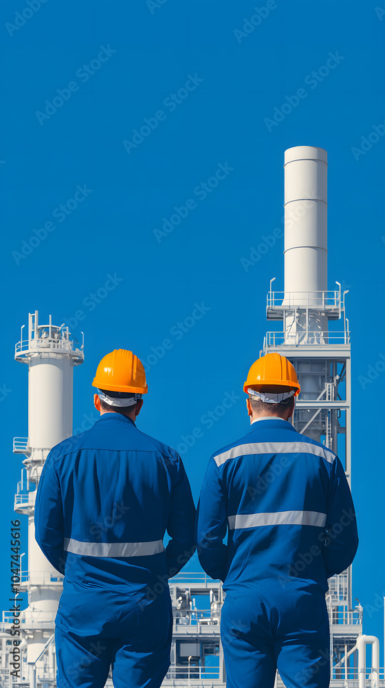 Wall mural two industrial workers in blue reflective clothing at an oil refinery: ensuring safety and efficienc