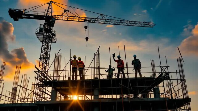 Workers assemble scaffolding at sunset on a construction site under a vibrant sky with cranes in the background