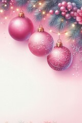 Obraz premium Weihnachtskugeln in Transcendent Pink hängen an schneebedeckten Tannenzweigen, verziert mit Beeren und Blüten, vor einem hellen Hintergrund. Festliche Eleganz. Generative KI.
