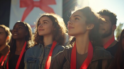 A group of people are standing together and wearing red ribbons. They are smiling and looking up at something