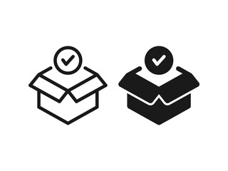 Box check icon set. Simple outline style. Receive product, delivery package, open order, cardboard, bulk, unpack box concept. 