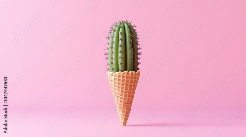 Poster cactus ice cream cone representing contrasting concepts on pink background