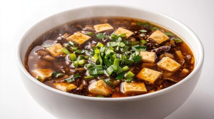 A steaming bowl of Chinese hot and sour soup with tofu, mushrooms, and green onions, served in a white ceramic bowl against a clean white background.