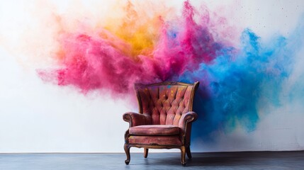 Colorful explosion behind vintage armchair on white wall