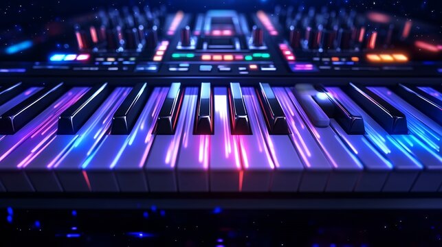 A keyboard with colorful keys is shown in a dark background. Concept of creativity and artistic expression, as the vibrant colors of the keys contrast with the dark background