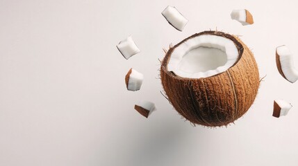Fototapeta premium Coconut Floating with Pieces in Mid-Air