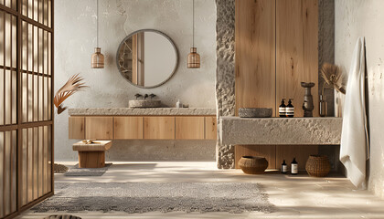 Modern Japandi bathroom interior design in earth tones, natural textures with wooden solid oak furniture and sliding Japanese wood doors. Japandi concept