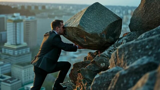 A businessman climbs a rocky hilltop at sunset, showcasing determination and strength in a challenging urban landscape