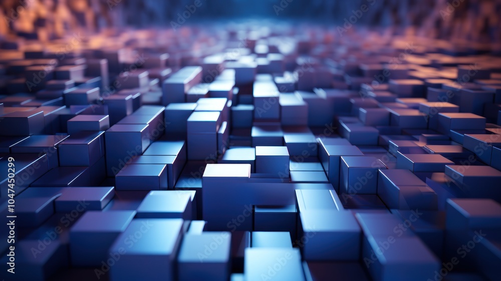 Poster a 3d abstract representation of interconnected cubes in a futuristic setting.