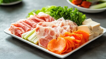 Chinese hot pot ingredients including thinly sliced meat, tofu, and vegetables arranged on a white plate, ready for cooking. A snapshot of communal Chinese dining.