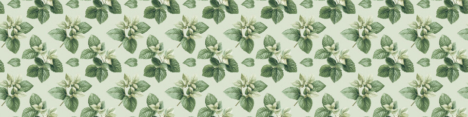 Seamless floral pattern with green leaves and buds on light background