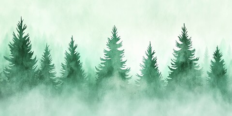 Obraz premium Serene abstract nature background featuring soft green hills and silhouettes of pine trees in gentle gradient tones