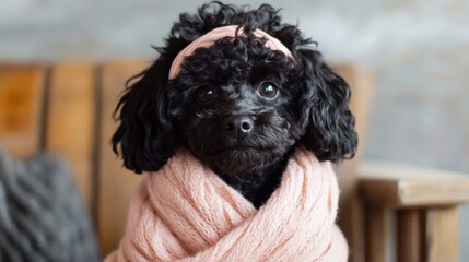 Adorable black poodle puppy wrapped in pink scarf