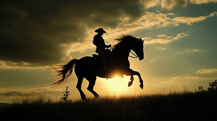 Cowboy on a rearing horse against the backdrop of a sunset, silhouette scene