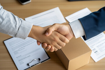 Obraz premium Two business professionals shaking hands over a delivery package, symbolizing partnership, success, and agreement in a corporate setting.