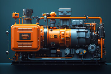 Fototapeta premium Industrial Compressor with orange and grey Components, featuring detailed Pipes and Gauges, set against dark background. Engineered for high-Performance use in industrial and Mechanical applications