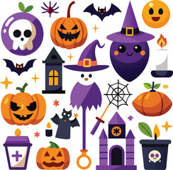 Spooky Halloween Icons Pumpkins, Bats, Witches, Ghosts