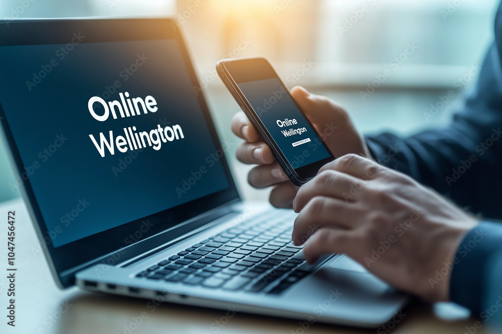 Poster person using smartphone and laptop displaying 'online wellington', highlighting technology use for v