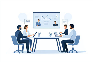 Fototapeta premium Team meeting with professionals discussing business strategy, analyzing graphs on a screen, collaborating in a modern office setting.