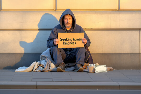 A homeless man sits on the street holding a sign that reads 'Seeking human kindness,' surrounded by a few personal belongings.