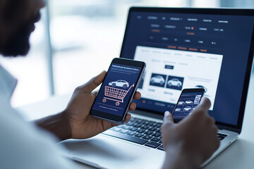 Man using smartphone and laptop for online car shopping. Digital automotive purchase and ecommerce technology concept.