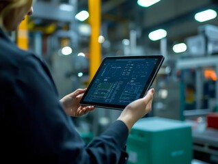 Factory worker using a tablet to monitor production line, smart factory concept