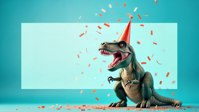A Jubilant T-Rex Decked Out in a Festive Birthday Cap Throwing Confetti to Celebrate a Glorious Victory in a Cool Background