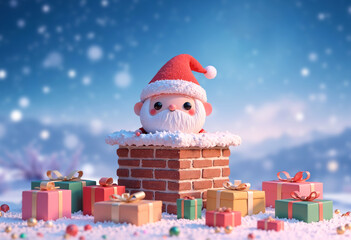 Santa claus with christmas gifts in snow background