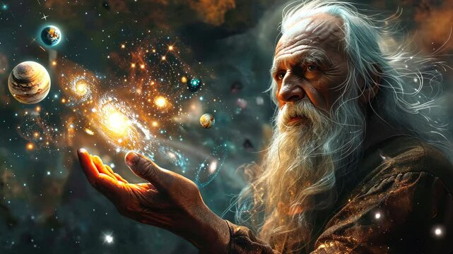 A wise figure contemplates the cosmos while showcasing galaxies and celestial bodies in a mystical setting
