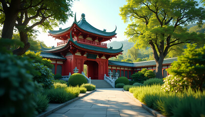 Obraz premium Traditional Chinese garden with red temple gate and lush greenery