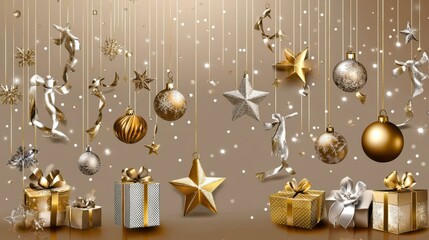 Elegant Christmas decorations with sparkling stars, ribbon-wrapped gifts, and hanging golden ornaments along the sides, leaving space at the center for adding text.