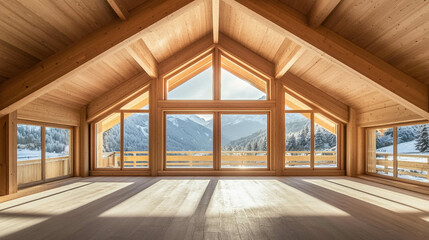 Fototapeta premium An empty interior of a wooden chalet with a beautiful winter landscape view and large windows