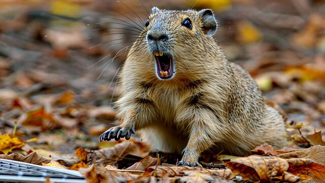 Shocked ground squirrel with open mouth, appearing startled amidst fallen autumn leaves, evoking a humorous yet relatable scene