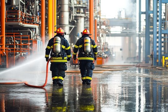 Firefighters conducting a safety drill in an industrial facility, with fire hoses and emergency equipment