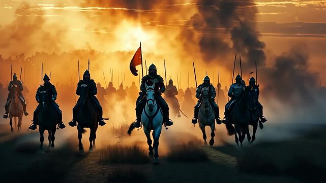 Epic cavalry charge at sunset with soldiers on horseback waving flags through dust and smoke