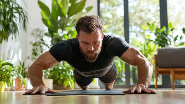 Man Doing Push Ups in Living Room with Plants