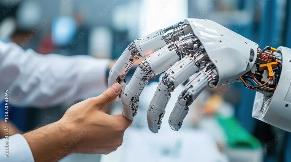Poster an engineer carefully tests the movement and functionality of a robotic hand prototype in a high-tec
